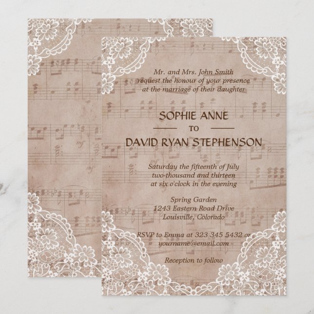 Invitation Feuille De Musique Romantique Et Mariage De Dentel (Devant / Derrière)