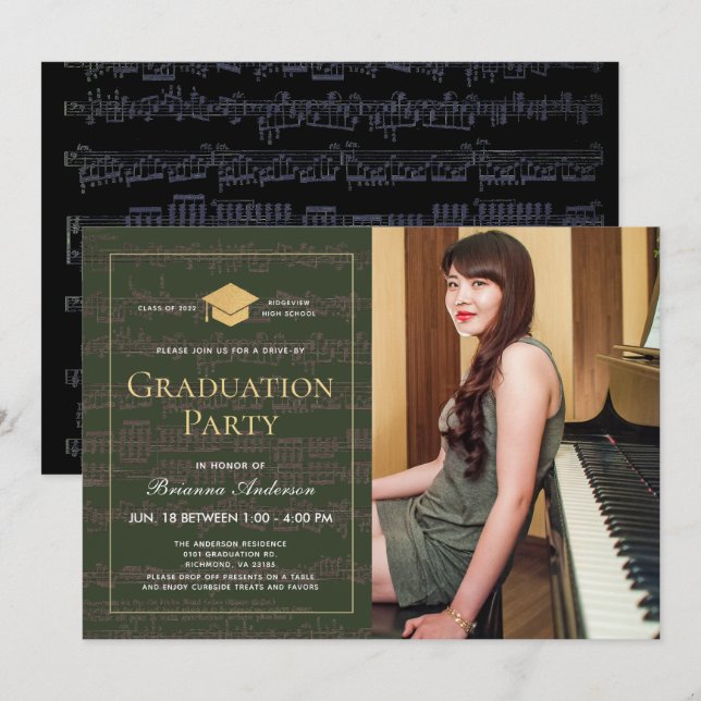 Invitation Feuille de musique Vert or photo Drive-by Graduati (Devant / Derrière)