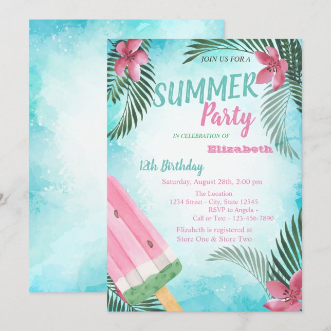Invitation Feuille de palme, Fleurs, Crème glacée Anniversair (Devant / Derrière)