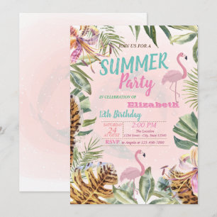 Invitation Feuille de palme, Fleurs, Flamants roses fête d'an