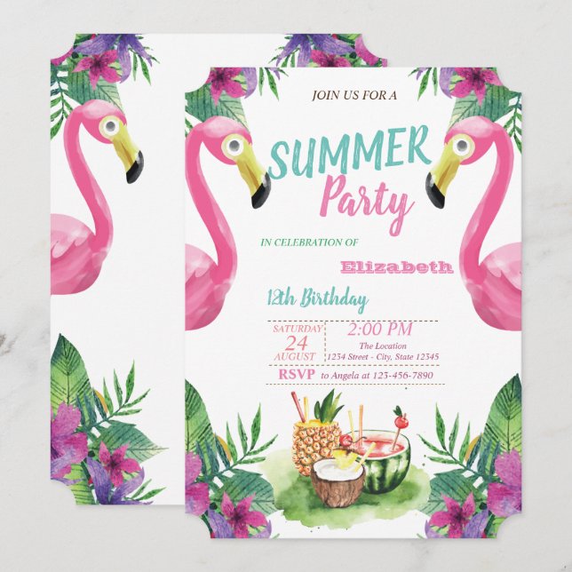 Invitation Feuille de palme, Fruits, Flamants roses roses fêt (Devant / Derrière)