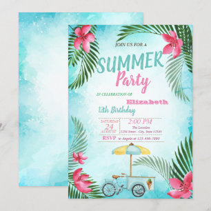 Invitation Feuille de palmier,Fleurs,Vélo de glace Anniversai