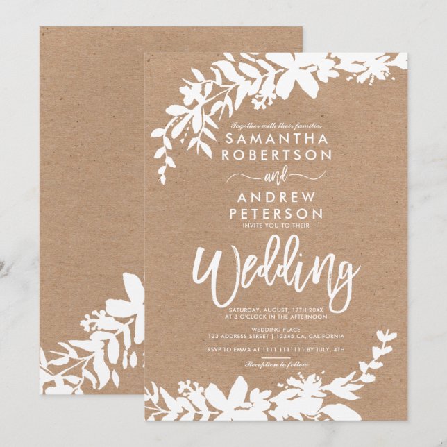 Invitation Feuille de typographie blanche mariage kraft rusti (Devant / Derrière)