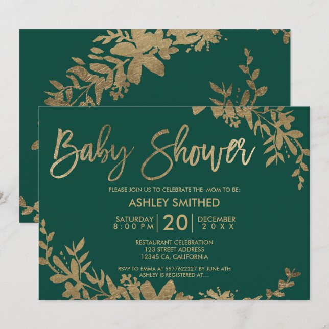 Invitation Feuille de typographie or baby shower vert fleuri (Devant / Derrière)