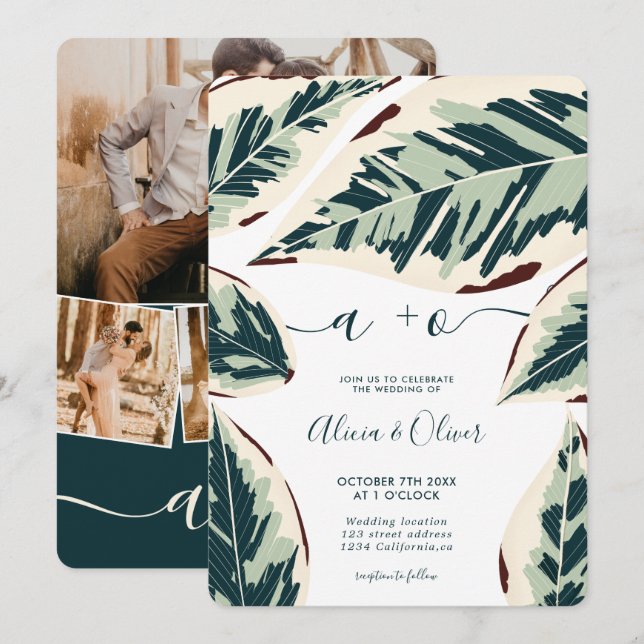 Invitation Feuille de verdure tropicale moderne 4 photos mari (Devant / Derrière)