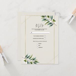 Invitation Feuille d'Olive Verte Os Blanc & Or Rustique RSVP