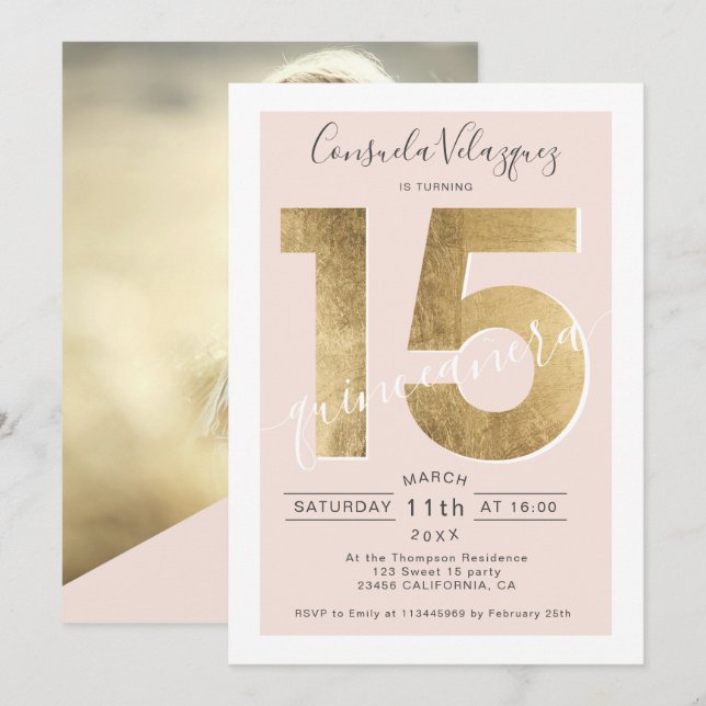 Invitation feuille d'or chic script blush quinceanera photo (Devant / Derrière)