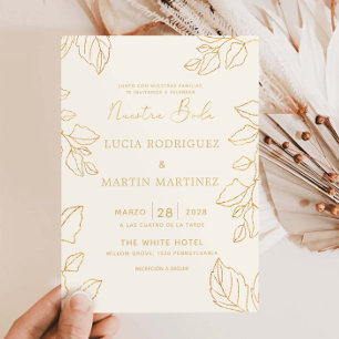 Invitation Feuille d'Or Crème Espagnol Notre Mariage