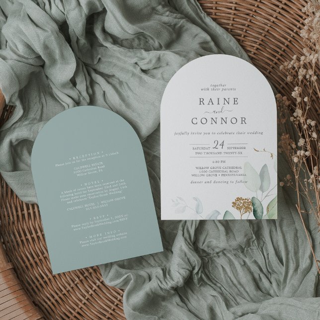 Invitation Feuille d'or de verdure Airy tout en un Mariage d' (Airy Greenery Gold Leaf All In One Arch Wedding Invitation)