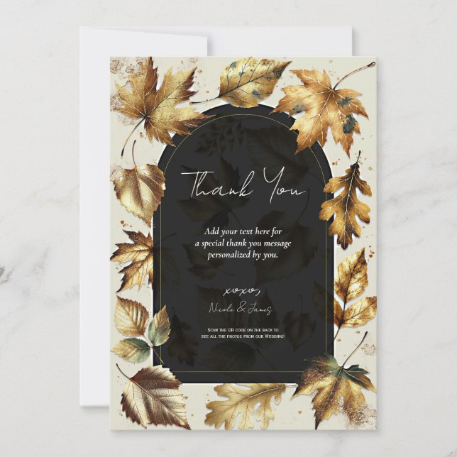 Invitation Feuille d'or Merci d'amande beige et noir glam (Devant)