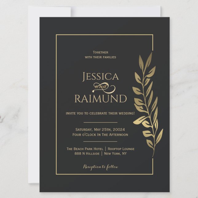 Invitation Feuille d'or moderne Mariage noir (Devant)
