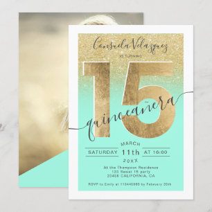 Invitation feuille d'or parties scintillant script menthe qui