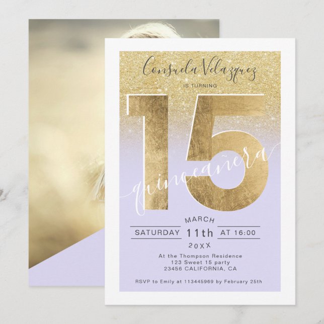 Invitation feuille d'or parties scintillant script quinceaner (Devant / Derrière)