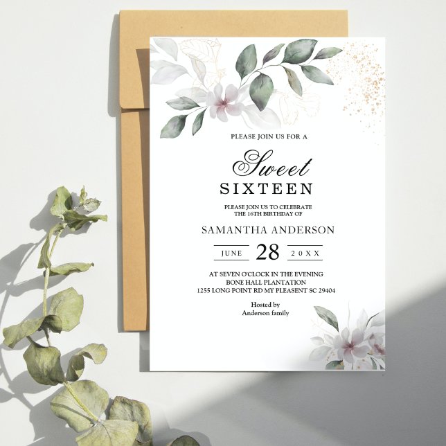 Invitation Feuille et fleur d'aquarelle de verdure douce | Or (Créateur téléchargé)