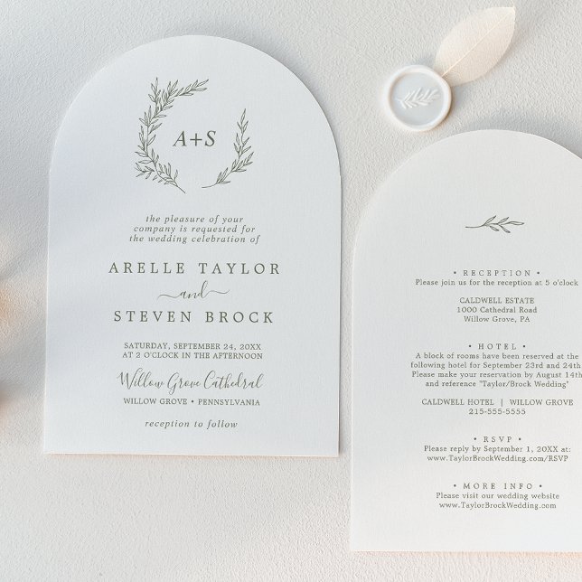 Invitation Feuille minimale | Arche verte d'olive en un seul  (Minimal Leaf | Olive Green Arch All In One Wedding Invitation)