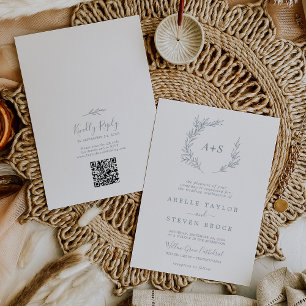 Invitation Feuille minimale Dusty Blue Monogram QR Code Mar