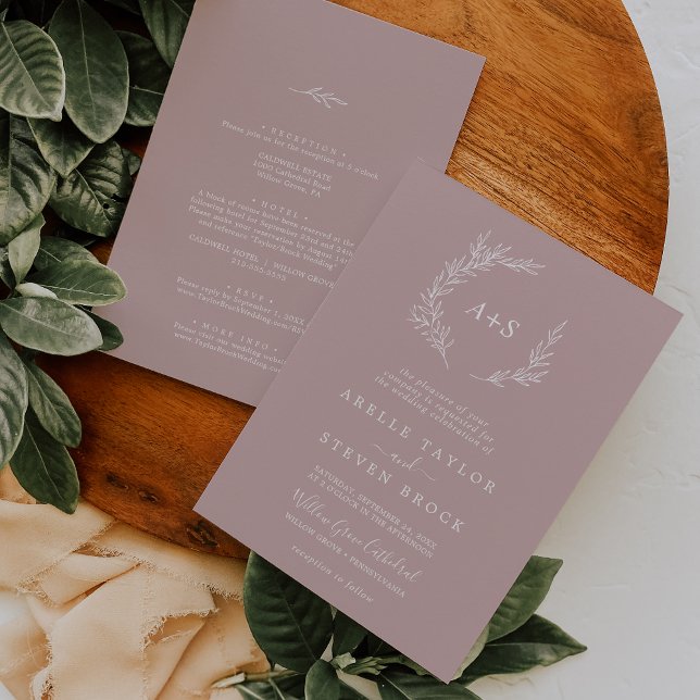 Invitation Feuille minimale | Dusty Rose tout en un Mariage (Créateur téléchargé)