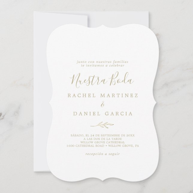 Invitation Feuille minimale | Gold Espagnol Nuestra Boda (Devant)