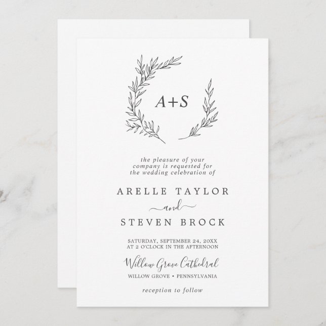 Invitation Feuille minimale | Gris foncé Tout en un Mariage (Devant / Derrière)