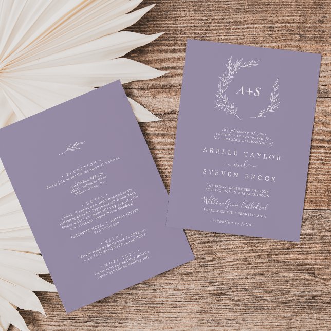 Invitation Feuille minimale | Lavande Tout en un Mariage (Créateur téléchargé)