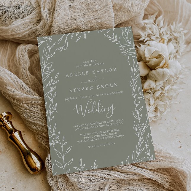 Invitation Feuille minimale | Mariage vert Sage (Créateur téléchargé)
