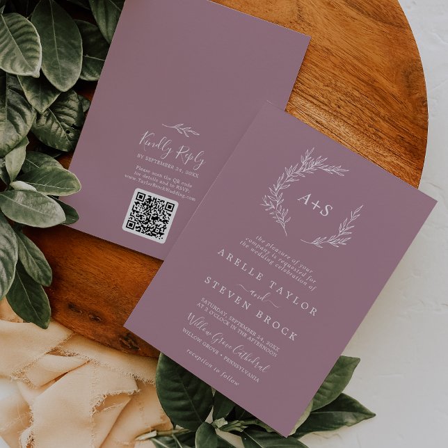 Invitation Feuille minimale | Mauve Monogramme QR Code Mariag (Créateur téléchargé)