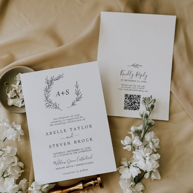 Invitation Feuille minimale | Monogramme gris foncé QR Code M (Créateur téléchargé)