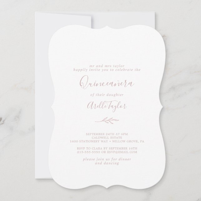 Invitation Feuille minimale | Quinceañera rose (Devant)