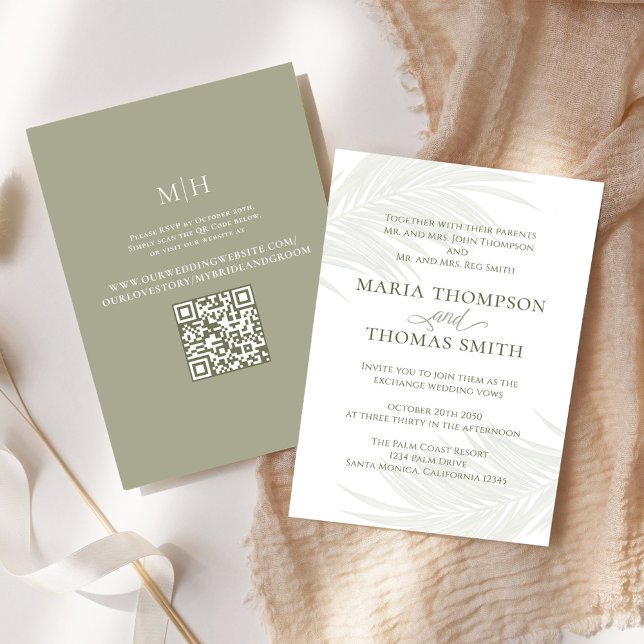 Invitation Feuille minimaliste Boho Palm Mariage (Elegant Boho tropical palm leaves wedding invitation. With a scannable QR Code. )