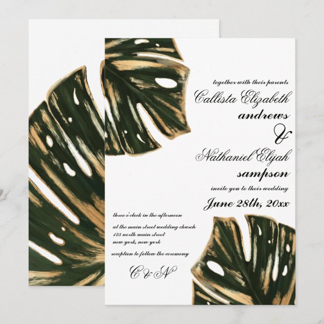 Invitation Feuille moderne Tropical Green Monstera or Mariage (Devant / Derrière)