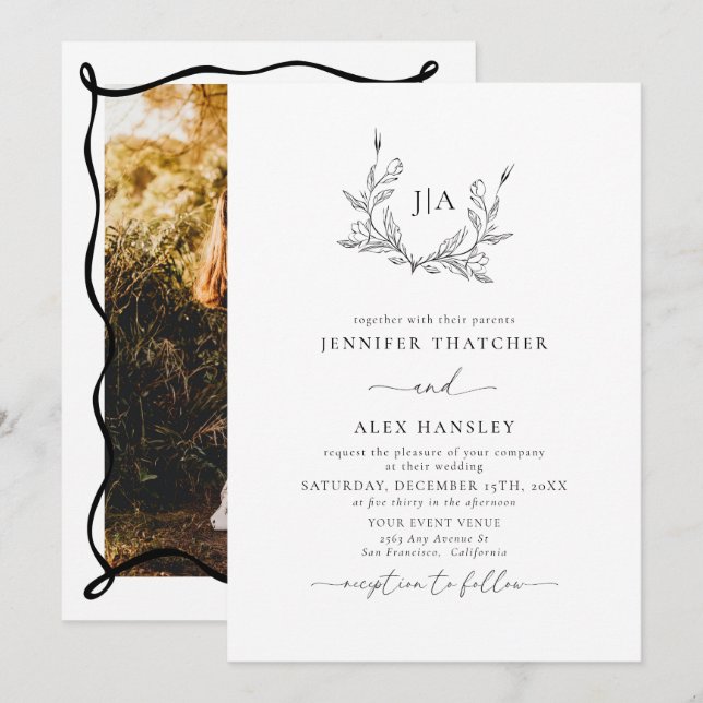 Invitation Feuille Noir Blanc | Mariage Photo Monogramme (Devant / Derrière)