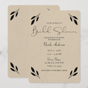 Invitation Feuille noire botanique rustique kraft Baby Shower