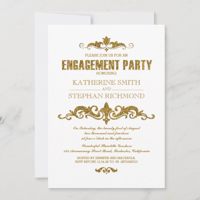 Invitation feuille parties scintillant or élégant fiançailles (Devant)
