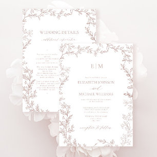 Invitation Feuille Poussiéreux Rose Élégant Monogramme Détail