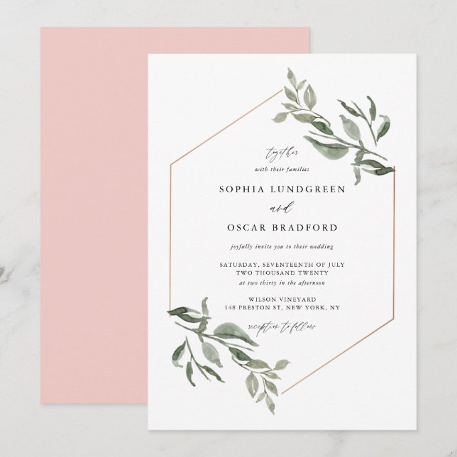 Invitation Feuille  Rose  or Mariage de trame aquarelle (Devant / Derrière)
