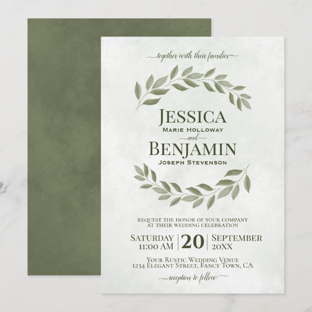 Invitation Feuille rustique Élégant Sage & Mariage vert olive (Devant / Derrière)