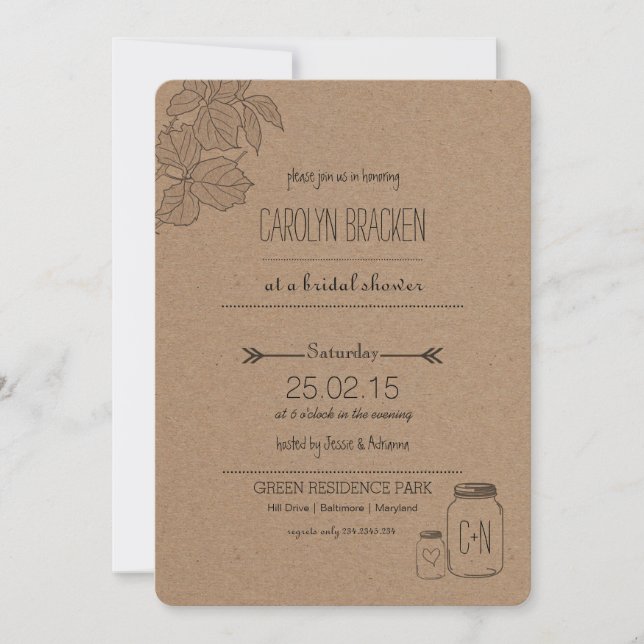 Invitation Feuille rustique| Masonjar | Fête des mariées card (Devant)