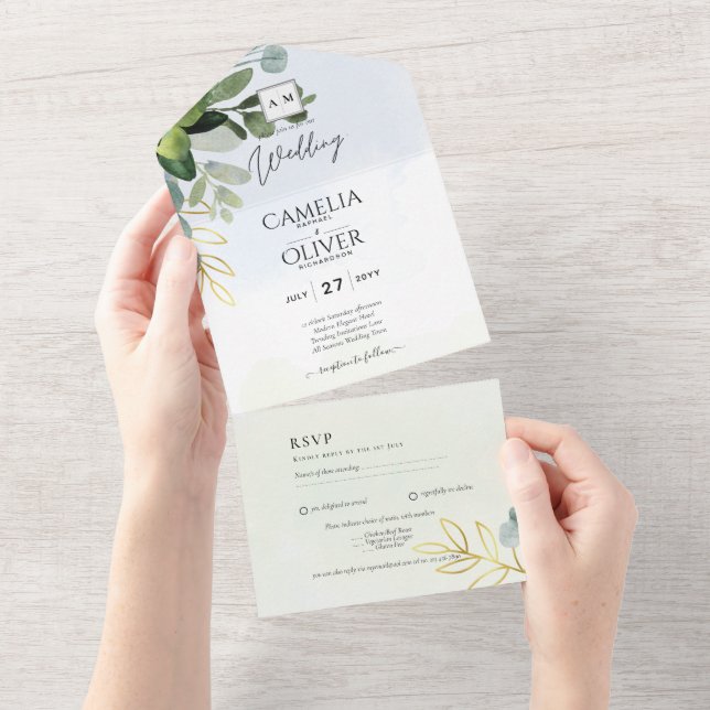 Invitation Feuille tout-en-1 Eucalyptus et Feuille (Déchirure)
