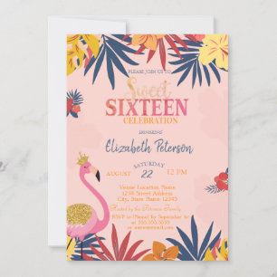 Invitation Feuille tropical Hibiscus Flamants roses doux 16