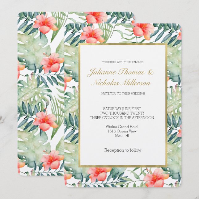 Invitation Feuille tropicale Hibiscus Floral Aquarelle Mariag (Devant / Derrière)