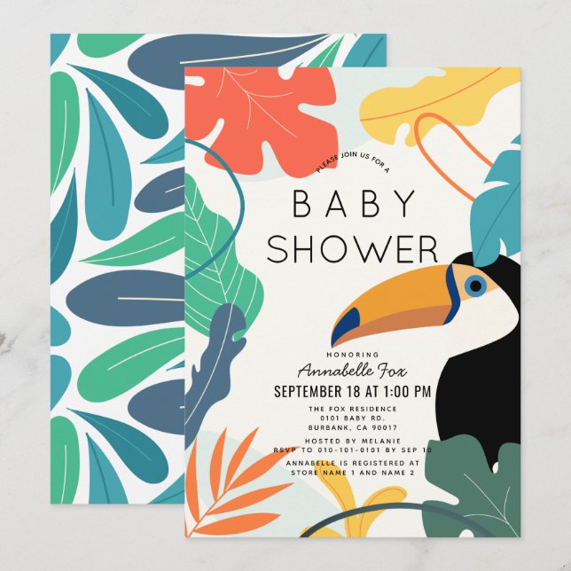 Invitation Feuille tropicale Toucan Baby shower neutre (Devant / Derrière)