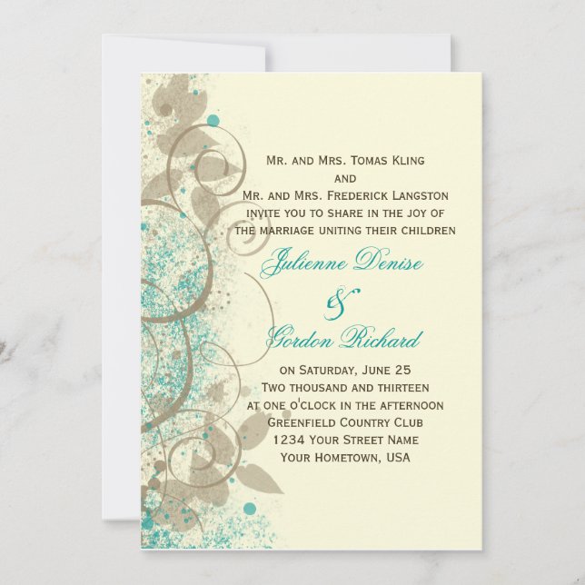 Invitation Feuille Turquoise Tan Grunge (Devant)