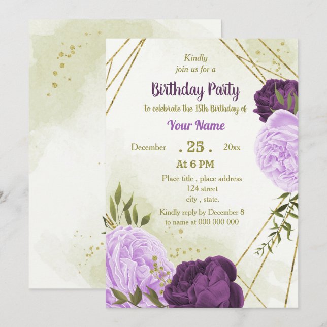 Invitation feuille vert de fleurs violettes (Devant / Derrière)
