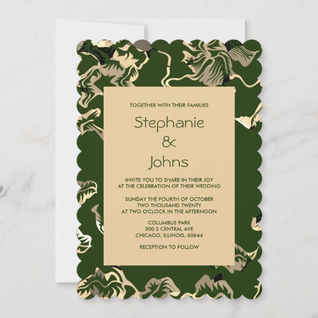 Invitation Feuille vert foncé Motif mariage élégant (Devant)