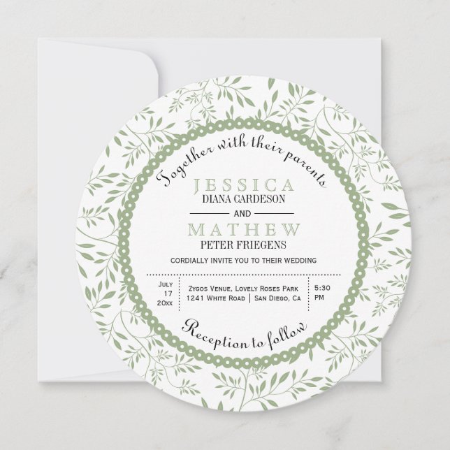Invitation Feuille vert Sage motif moderne à fleurs mariage (Devant)