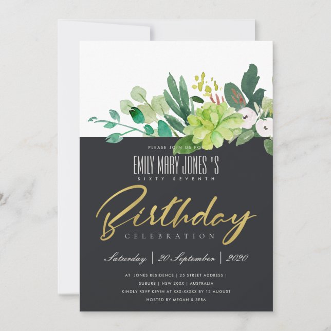 INVITATION FEUILLE VERTE AQUARELLE NOIR ANNIVERSAIRE TOUT ÂGE (Devant)