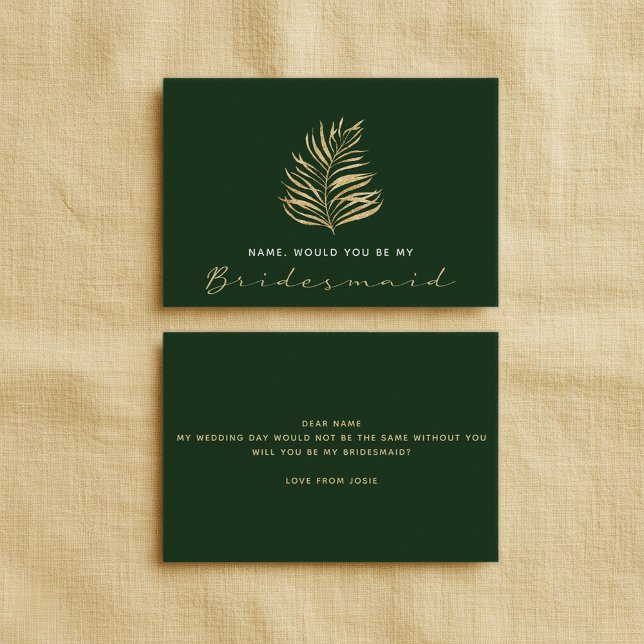 Invitation Feuille verte, Seras-Tu Ma Servante D'Accueil ? (Gold fern leaf, Green Will You Be My Bridesmaid Invitation)
