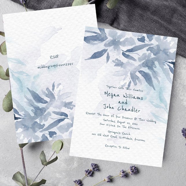 Invitation Feuilles Aquarelle bleu doux (Soft Blue Watercolor Leaves Wedding Invitation)