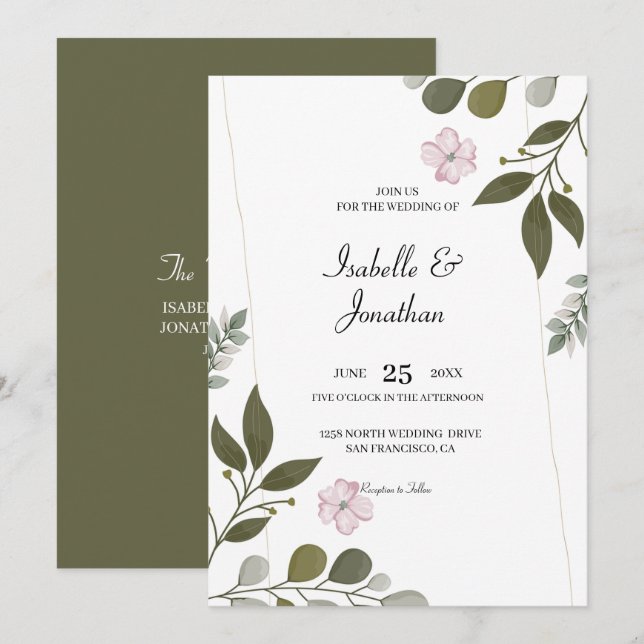 Invitation Feuilles Aquarelle Et Mariage Fleurs (Devant / Derrière)