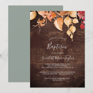 Invitation Feuilles automnales   Baptême de bois Brown rustiq